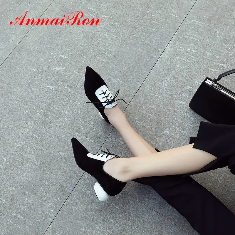 ANMAIRON 2019 Luxury Shoes Women Designers Party Pointed Toe Kid Suede Lace-Up Round Heel Mature Pumps Women Shoes Size 34-39