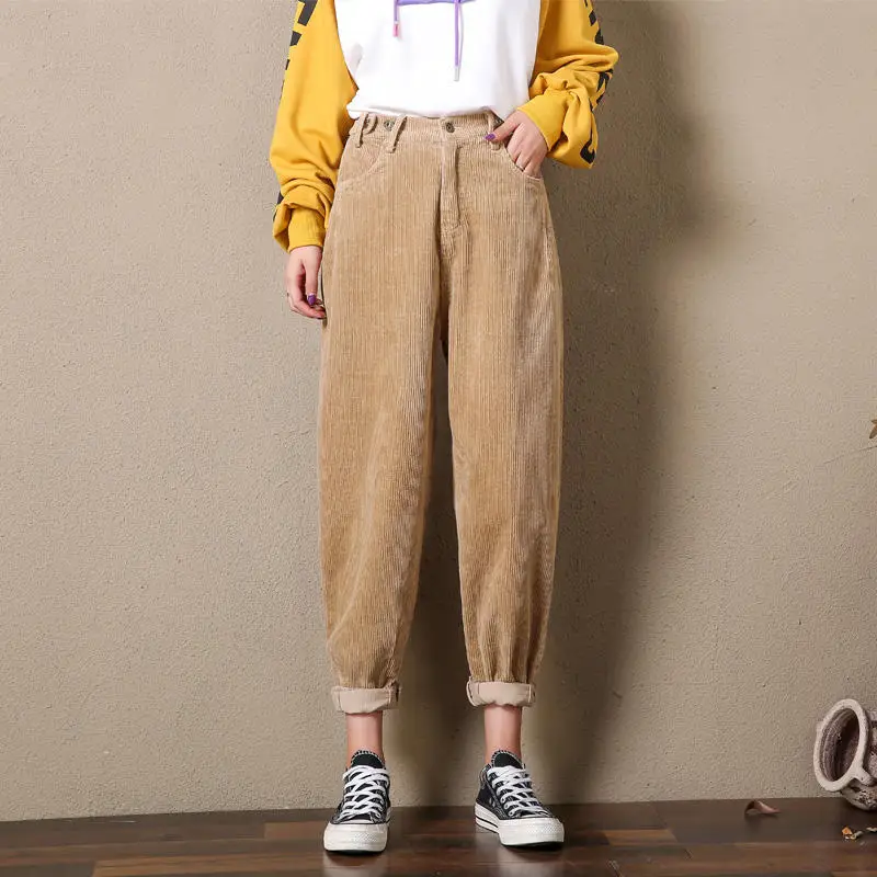 Beige yellow thin Винтажные вельветовые брюки женские брюки свободные шаровары с высокой талией осенние зимние повседневные уличные штаны для мамы Pantalon Femme Q1924 - Цвет: Beige yellow thin