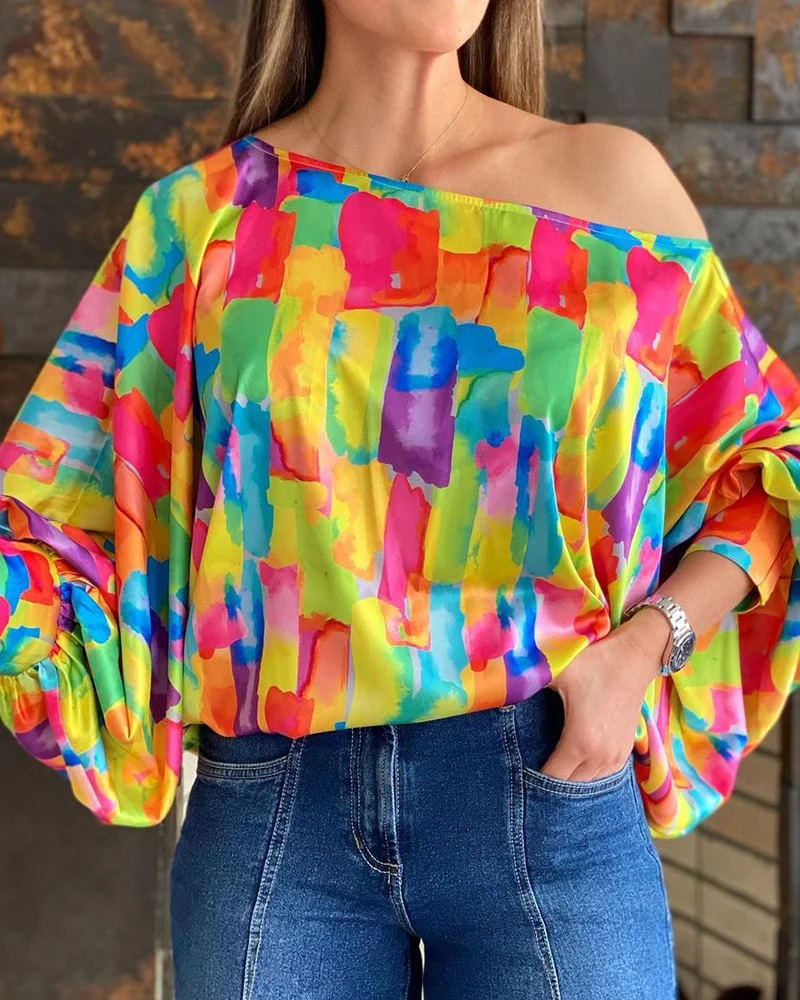 

Summer Women Multicolor Print Loose Top 2023 Femme Sexy One Shoulder Lantern Sleeve Colorblock Blouse Female y2k Chic Tunics