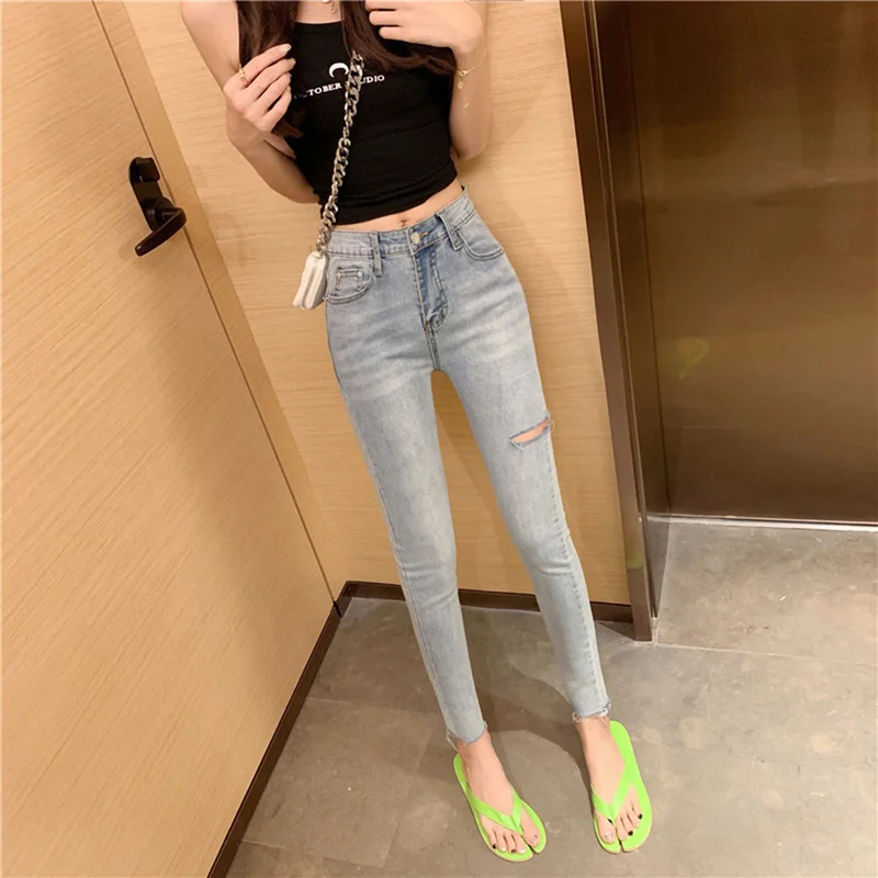 

Women High Waist Elastic Skinny Jeans Korean Style Denim Pants 2021 Slim Wash Cowboy Streetwear Long Pencil Pant Female Trousers