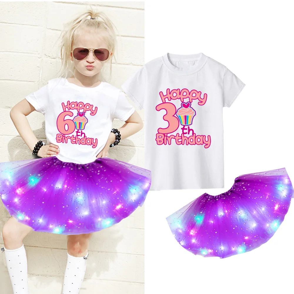 

2021 Personalized Customized Birthday Gift Dress Party Dresses Girls Custom Letter Short Sleeve T-shirt+luminous Skirt+hairpin