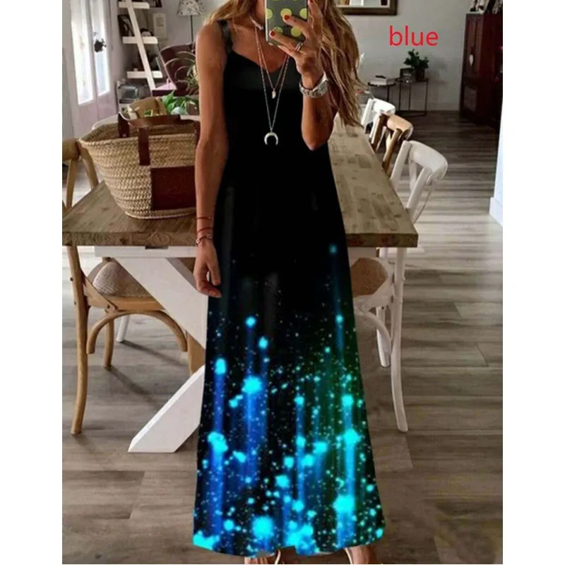 

Luminous Print Slip Dress Long Women's Dresses Party Elegant Summer Sexy Girl Bodycon Casual Clothing