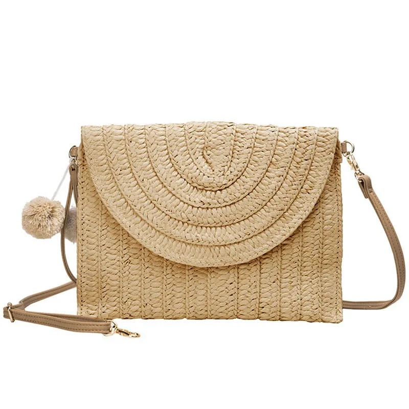 

2021 Summer Women Crossbody Shoulder Bag Knitted Straw Messenger Satchel Handbag Bucket Bag Women Handmade Straw Beach Bag