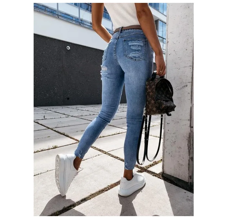 

Stylish gray Skinny Jeans Women Streetwear High Waist Ripped Holes Pencil Jeans Stretchable Female Jeans 2021 women pants