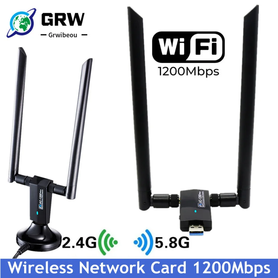 

GRWIBEOU Wireless Network Card 1200Mbps Long Range AC1200 Dual Band 5G+2.4G Wireless USB 3.0 WiFi Adapter 802.11ac wifi Antennas