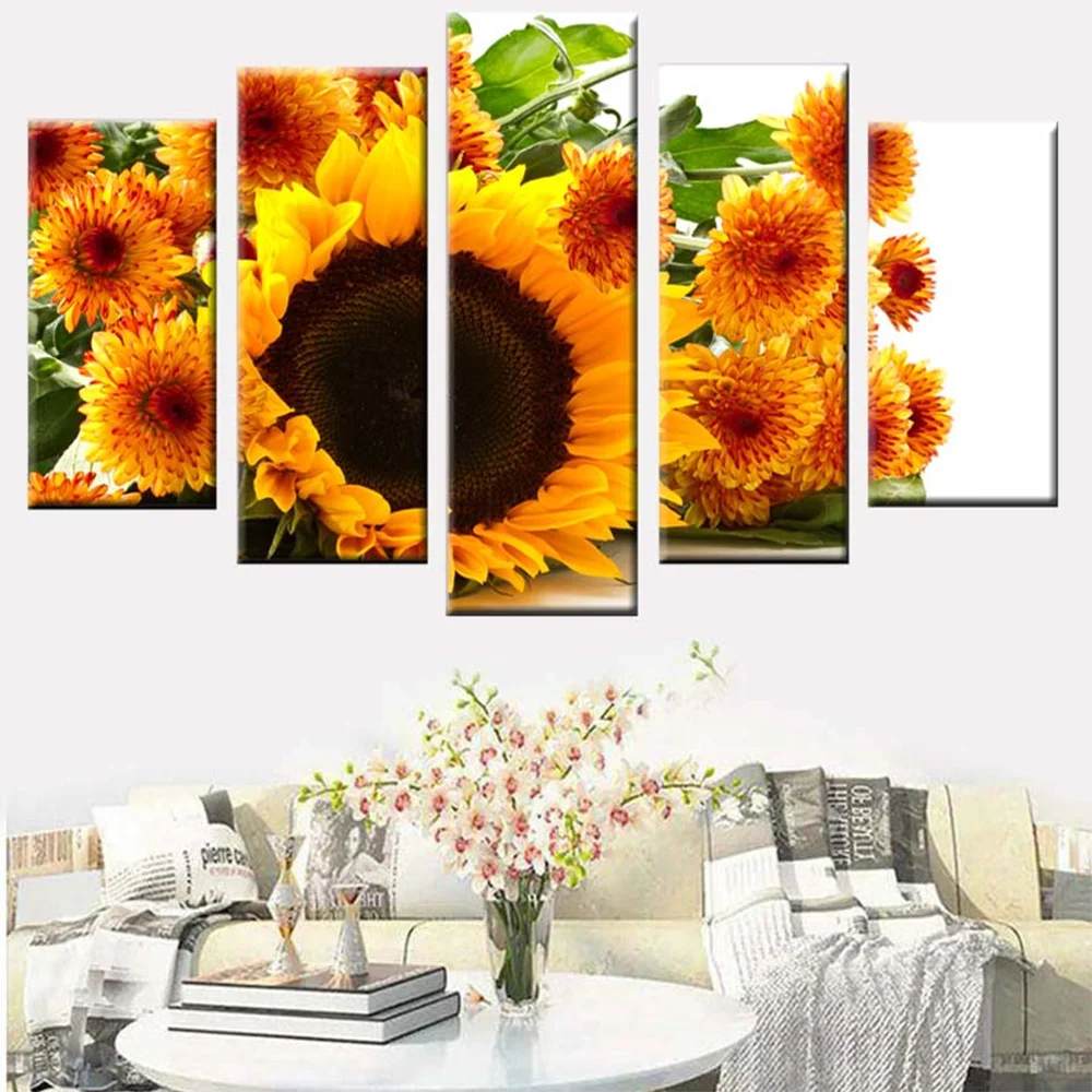 

Wall Art Canvas Painting Picture 5 Pieces Yellow Sunflower Landscape HD Print Modern Home Decoration Poster Living Room Frame