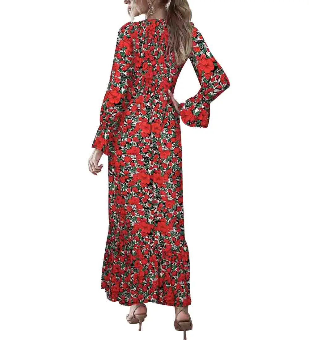 New Fashion Women Ladies Autumn Casual Loose Polka Dot/Floral Print Dress Female Puff Sleeve Mid-waist Long Black Red | Женская одежда