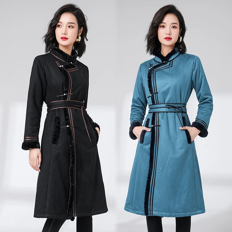 

Традиционное этническое зимнее платье, монгольский чонсам, халат, женская одежда с воротником-стойкой, модный уличный Азиатский костюм