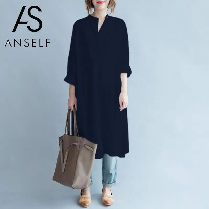 Женская свободная рубашка с карманами ANSELF однотонная блузка круглым вырезом и