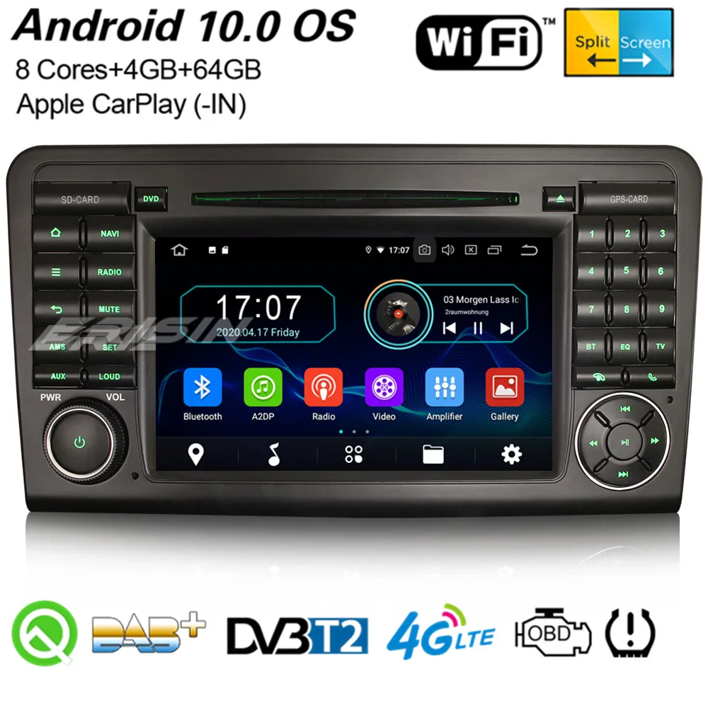 Erisin 6961 8 ядерный Android 10 0 CarPlay автомобильный стерео DAB + Bluetooth OBD2 Wi Fi с can bus давления
