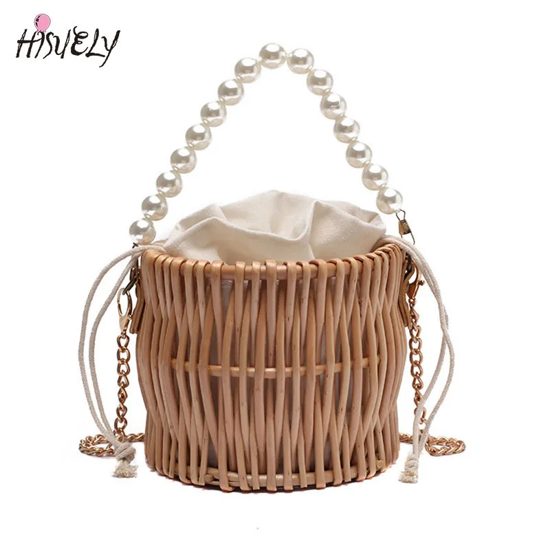 

2023 New Fashion Beading Chain Summer Small Straw Shoulder Bags For Women Rattan Weave Travel Beach Bucket Bag Crossbody Handbag