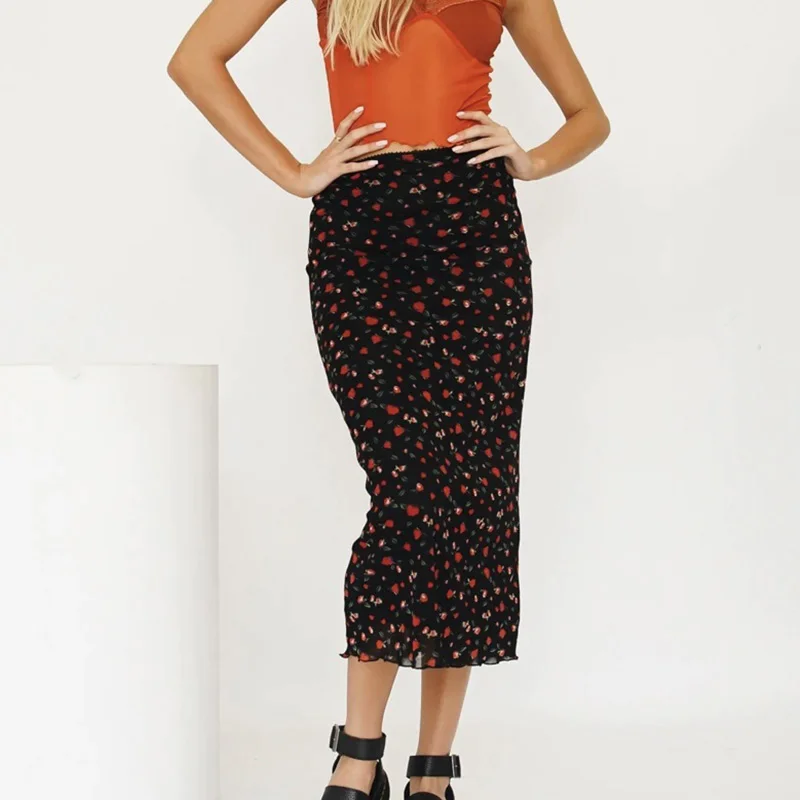 

Women Elastic Waist Mid-length Skirt Vintage Floral Print Elastic Waist A-line Skirts for Female Outwear Bottoms Midi Skirts