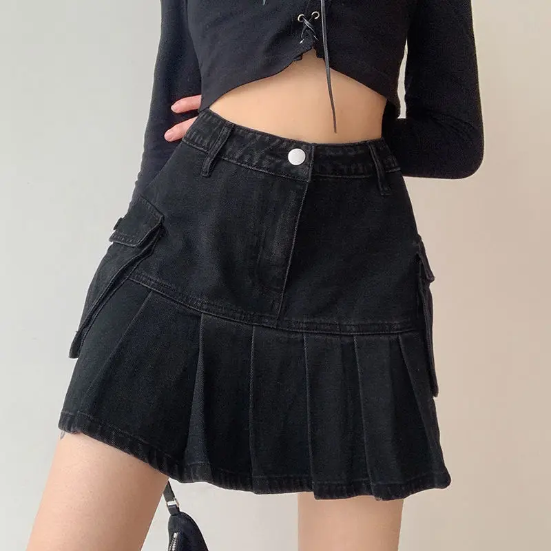 Джинсовая юбка Kilt Y2K с карманами черная плиссированная мини-юбка завышенной