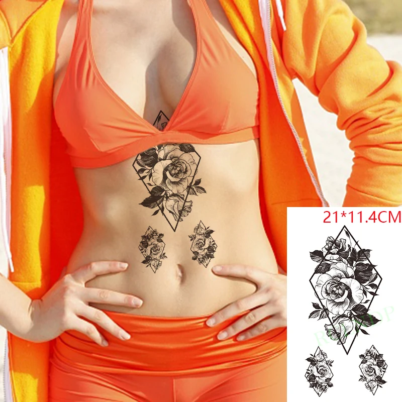 

Waterproof Temporary Tattoo Stickers Rose Flower Big Geometric Fake Tatto Flash Tatoo Arm Back Leg Art for Women Men