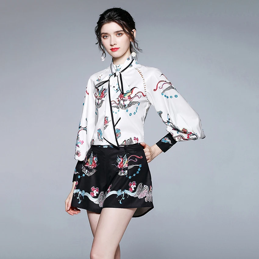 

2021 Spring Summer Fashion Two Piece Set Women Stand Collar Full Sleeve Shirt Printed Vintage 2 Piece Shorts Suit Outfits