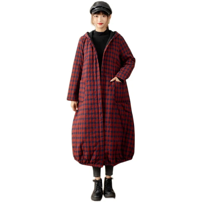 

plaid cotton quilted long hooded cotton-padded jacket female literary thickening cotton-padded clothes loose big yards