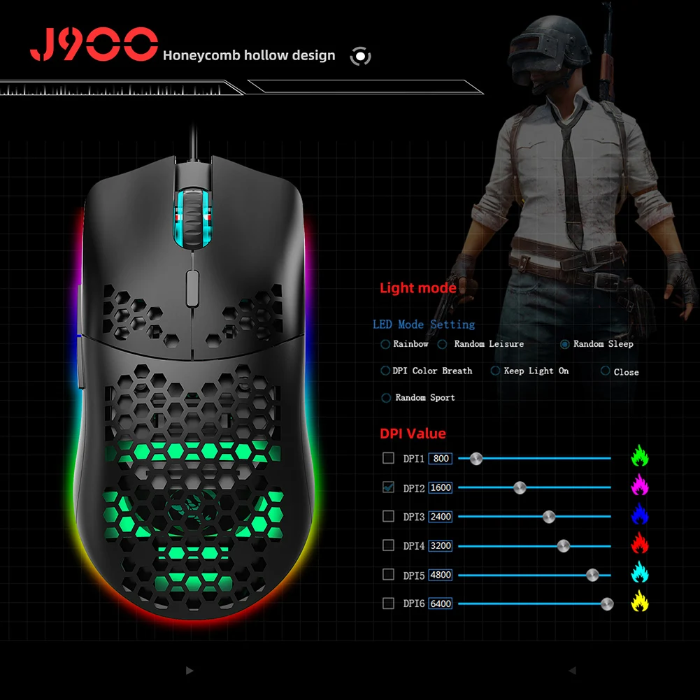 Игровая мышь J900 6400DPI регулируемая RGB программируемая механическая кнопка