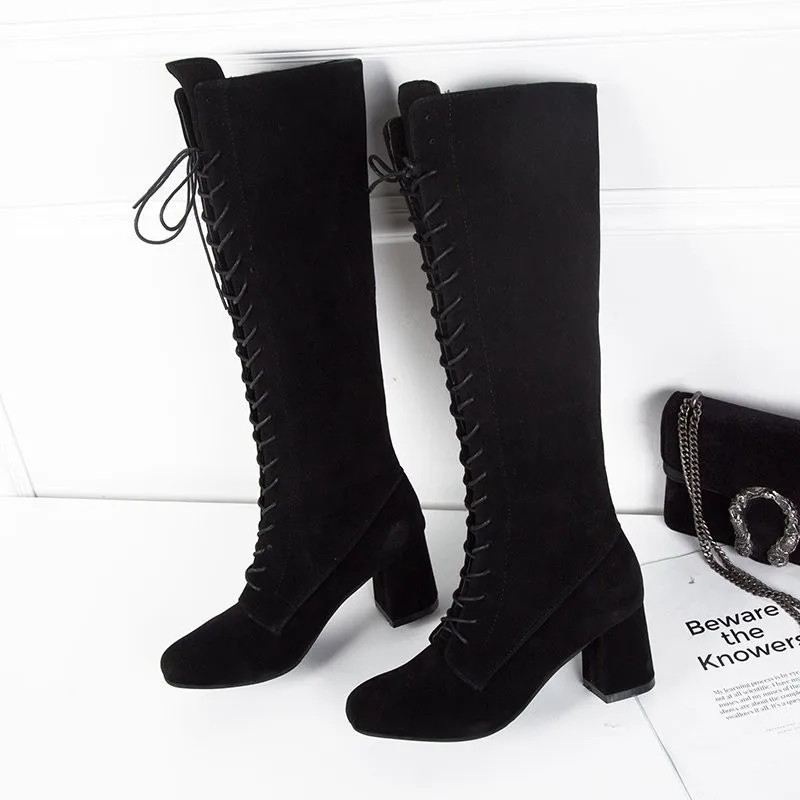 2021 New Winter Warm Velvet Front Lace-up Long Shoelaces Thick Heel High Heel Round Toe High Tube Women's Boots