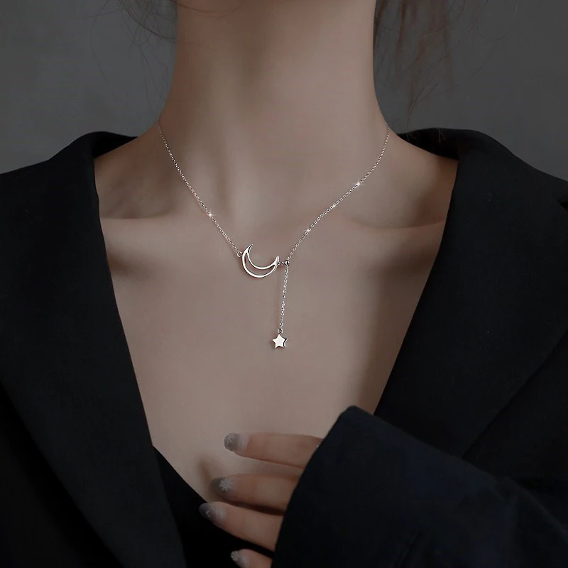 

925 Silver Moon Necklace Stretchable Adjustable Clavicle Chain Shining Star Pendant Feminine Jewelry Wholesale Birthday Gift