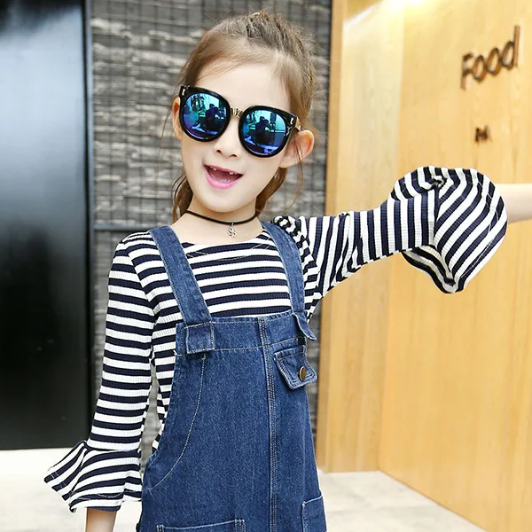 

Girls Jeans Suspenders Spring Autumn Children Striped T Shirt + Denim Overall Suits Kids Jumpsuit Clothes Set for Girls 10 12 14