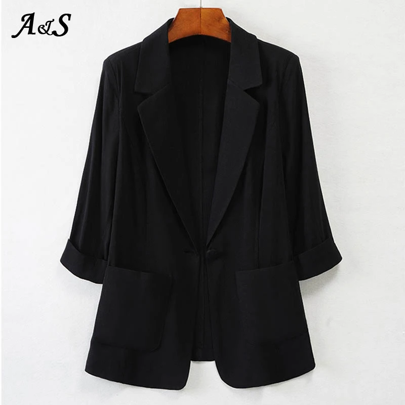 

Anbenser Korean Small Suit Summer Three Quarter Sleeve A Button Cotton and Linen Blazer Office Thin Jacket Women's Outerwear