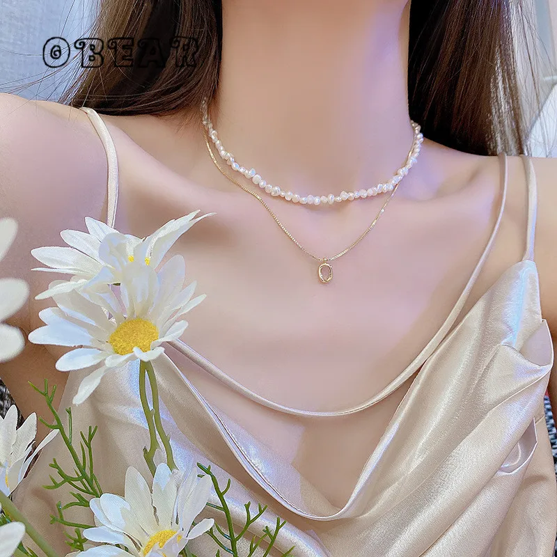 

OBEAR 14k Real Gold Plated Baroque Natural Freshwater Pearl Double Layer Necklace Women Noble Banquet Jewelry