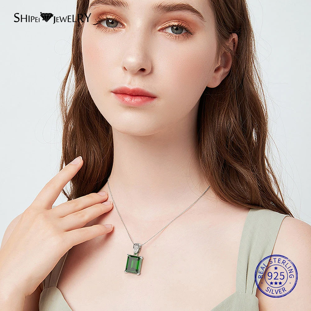 

Shipei 100%925 Sterling Silver Fine Jewelry White Gold Square Emerald Sapphire Pendant Wedding Necklace for Women Birthday Gift