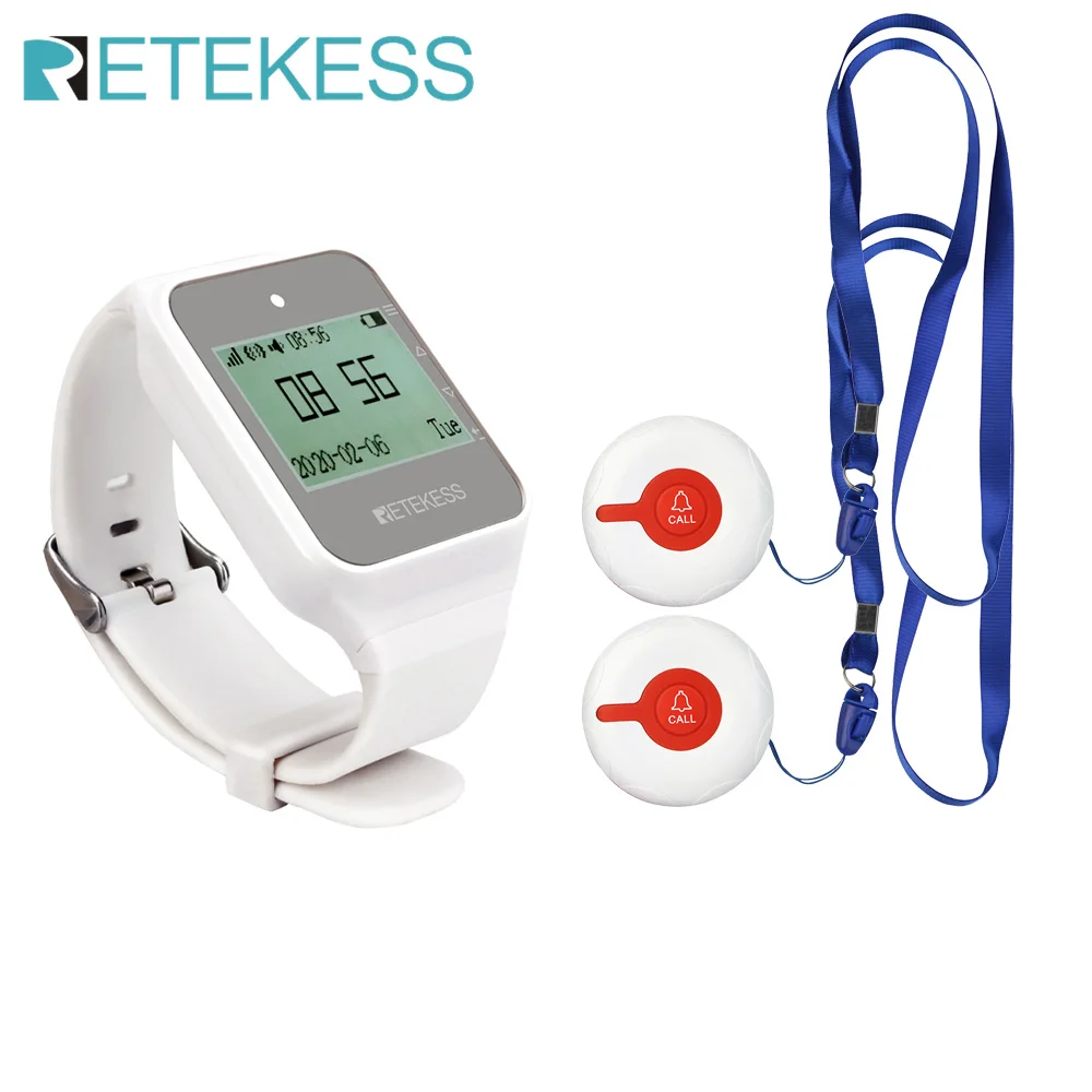 Sistema de Ajuda Receptor para Idosos em Casa Chamada sem Fio + Td108 Retekess Cuidador Pager Enfermeira Chamando Alerta Paciente 2 Botão Relógio