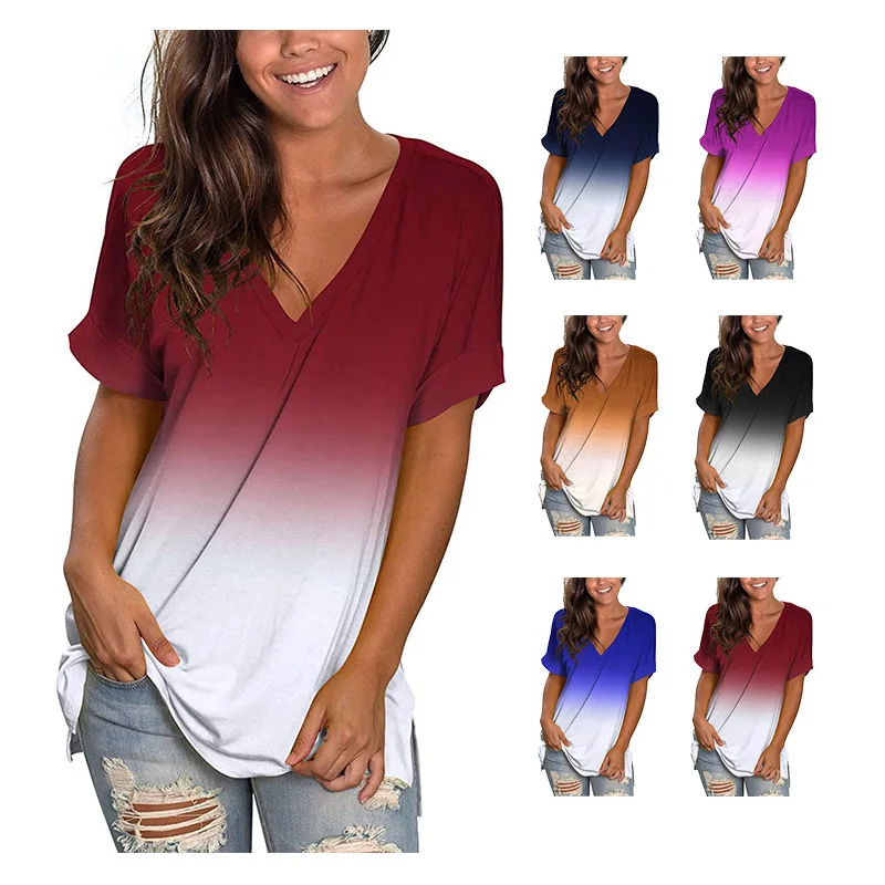 

Женская футболка с V-образным вырезом, свободная футболка с коротким рукавом и разрезом, с градиентным принтом, весна-лето 2021