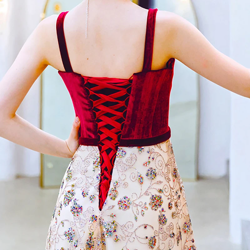 

Evening Dress Illusion Spaghetti Strap Strapless Champagne Tulle Floor-Length A-Line Sequined Elegant Women Formal Dresses TS434