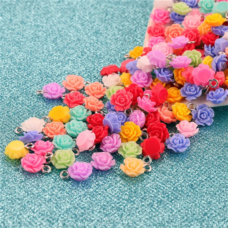 

Julie Wang 50PCS 10mm Resin Rose Flower Charms With Nail Flat Back Random Colors Pendant Bracelet Jewelry Making Accessory Decor