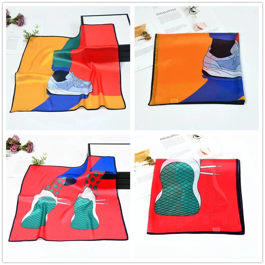 

53cm Cartoon Elements Silk Scarves Women Spring Summer Square Scarf Luxury Brand Neckerchief For Ladies Bandanna Kerchief