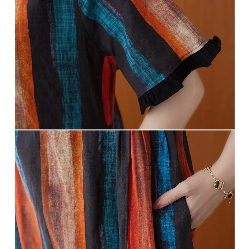 

Plus Size Dress Summer Women Vintage Female Patchwork Sundress Loose Linen Vintage Elegant Striped Ruffles New Casual Dress 2XL