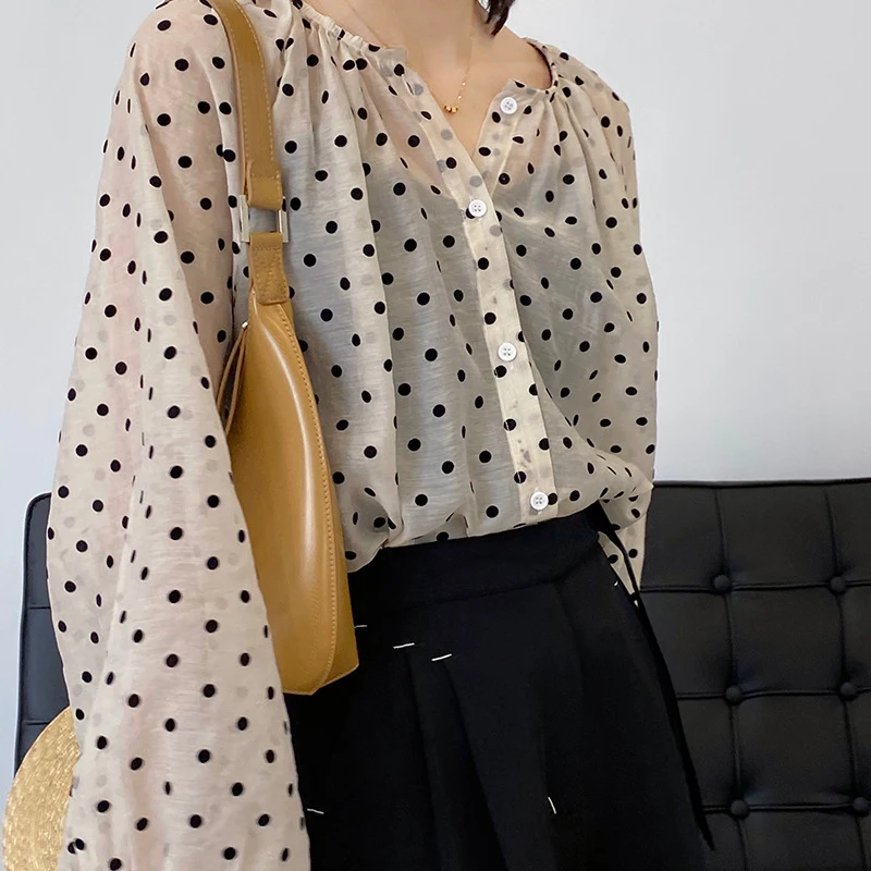 

SISPELL Print Dot Blouse Shirts For Female O Neck Lantern Long Sleeve Patchwork Ruflle Loose Women's Casual Shirt Fahsion 2021