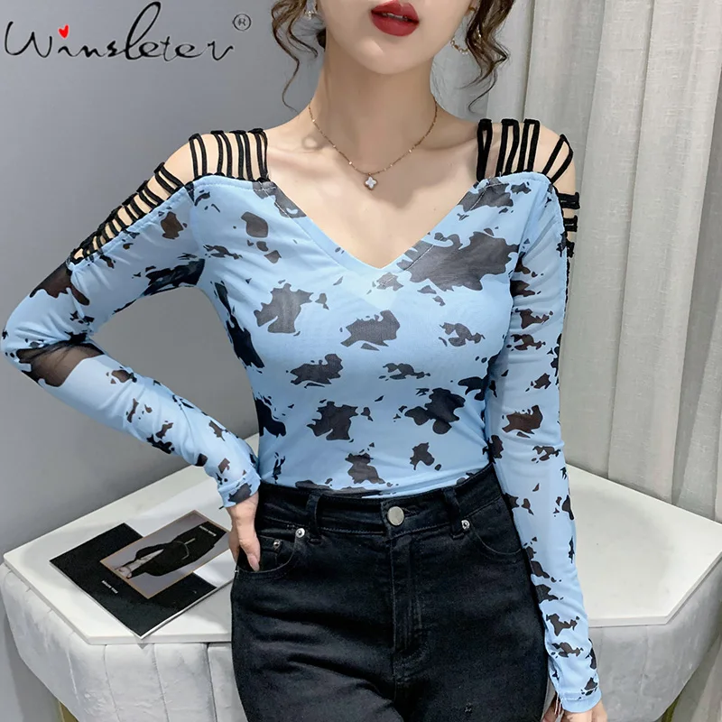 

Spring European Clothes Mesh T-Shirt Sexy Back V-Neck Off Shoulder Women Tops Long Sleeve Print Lake Blue Casual Tees T18026A