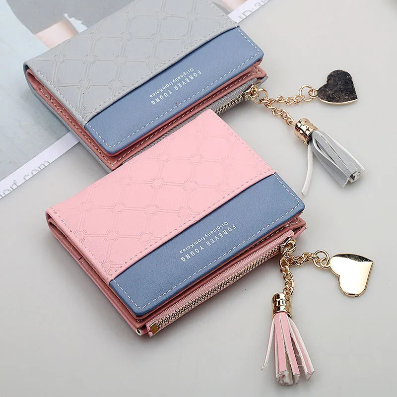 

Женский кошелек MINOFIOUS, милый модный кошелек из искусственной кожи, короткий кошелек на молнии, однотонный маленький кошелек с кисточкой, кош...