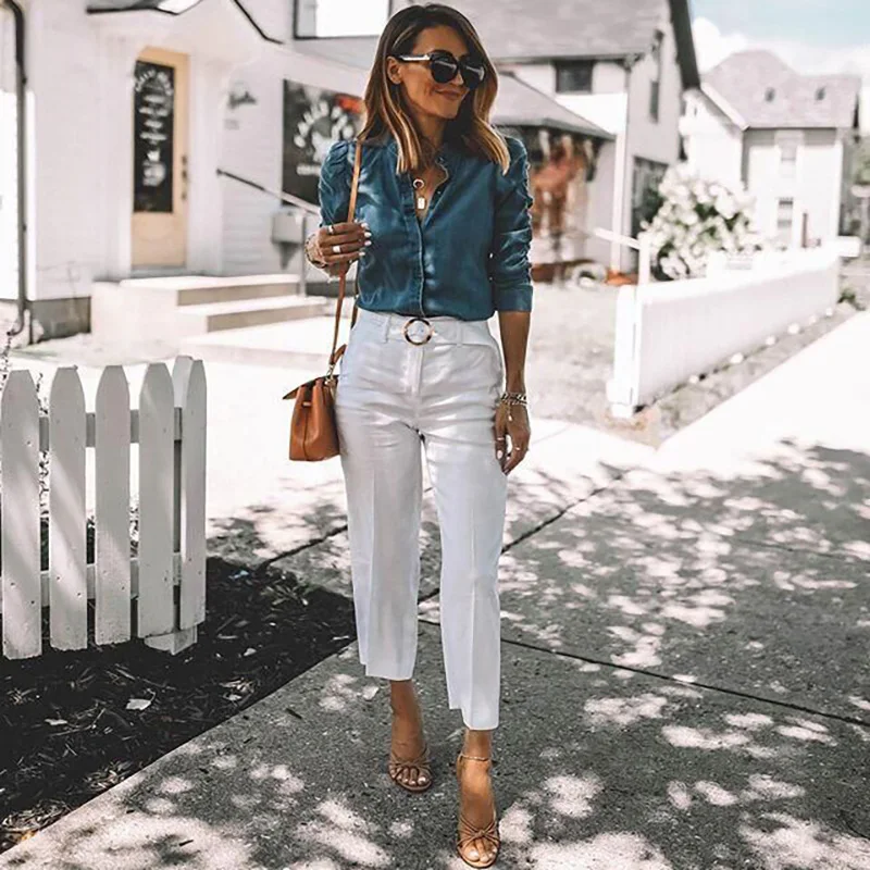 

Women Solid Denim Lapel Puff Sleeve Shirt Blouse Spring Autumn Casual Slim Ladies Nine Quarter Sleeve Streetwear Denim Tops