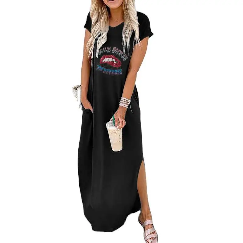 

fashionHot Sale European And American Women's New Round Neck Short-sleeved Loose Mid-length Dress Dresses For Women Print