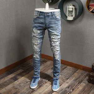 High Street Fashion Men Jeans Light Blue Painted Ripped Jeans Men Destroyed Punk Pants Brand Designe