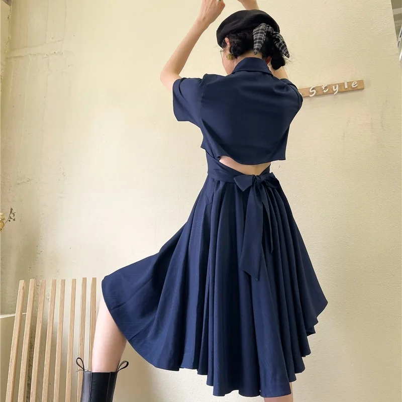 

Korejepo Women Dress 2021 Summer New Preppy Style Sweet Turn-down Collar Short Sleeve Solid Irregular Hem Waist Slim Shirt Dress