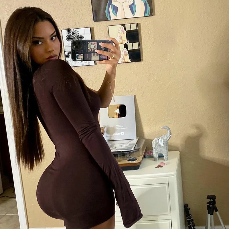 

One Shoulder Long Sleeve Women Bodycon Party Dresses Side Slit Autumn Fashion Sexy Skinny Clubwear Mini Dress Solid Hot