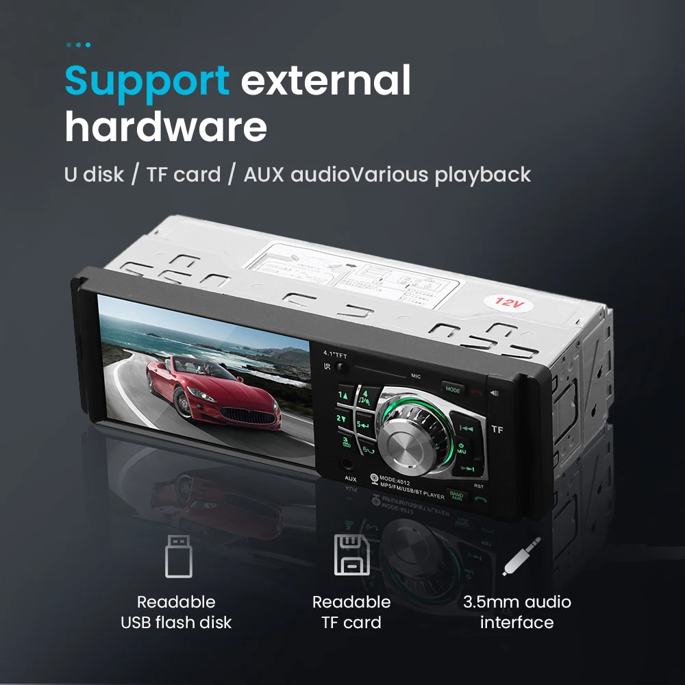 

Автомобильный радиоприемник 4,1 дюйма, 1 DIN, Bluetooth, стереоприемник, TFT дисплей, головное устройство с AUX, TF, USB + дистанционное управление рулевым ...