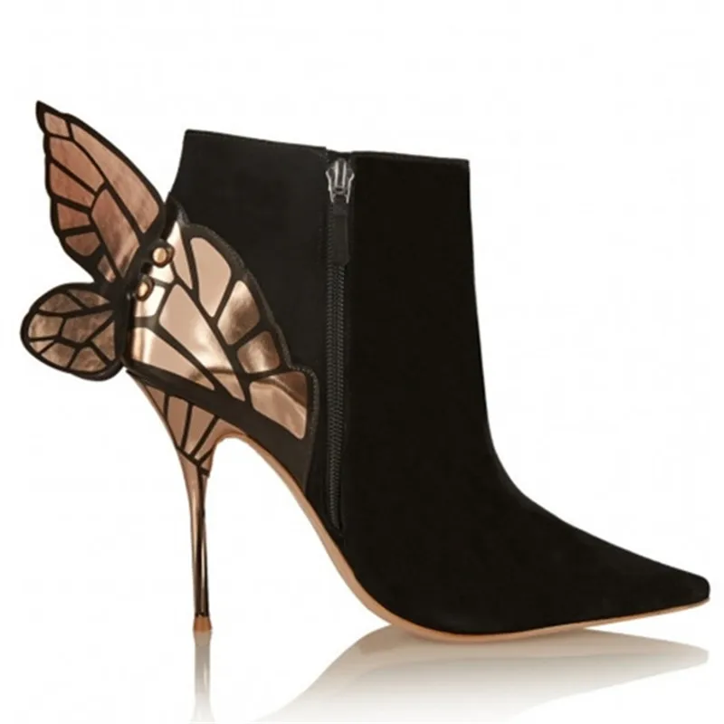 С украшением в виде крыльев бабочки дизайн женские ботильоны Туфли с острым