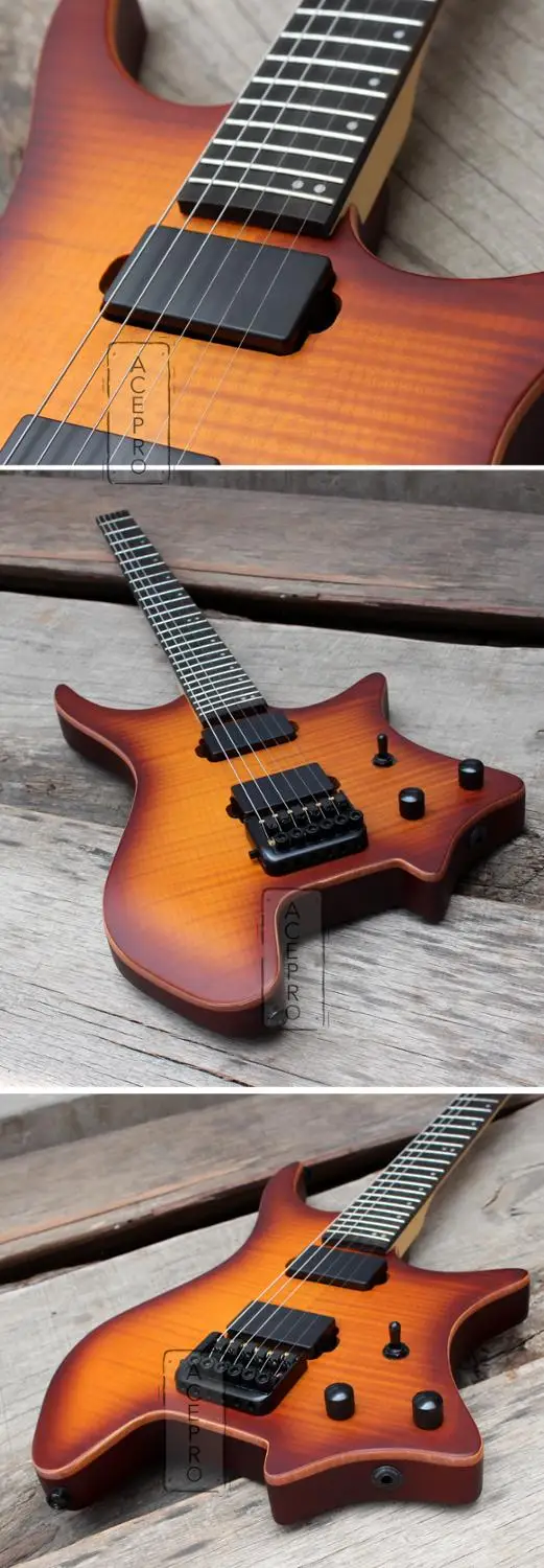 Электрогитара Sunburst черная без головы с верхом из огненного клена | Спорт и