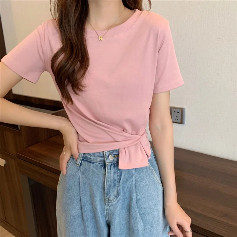 

2021 Summer Fashion Women's Solid Color Round Neck Short Sleeve Cross Twist Irregular Design Sense Navel Bare Casual T-shirt