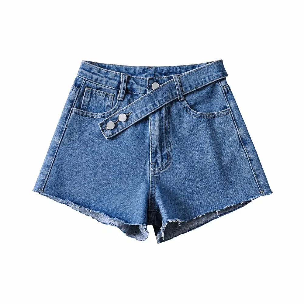 

Denim Shorts Women's High Waist 2021 New Oblique Belt Raw Hem Jeans Elastic Slim Fit Slimming Hot Hip Pants