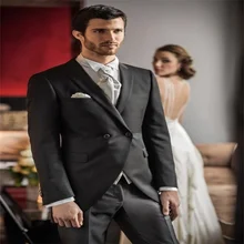 Costume noir à Double boutonnage pour hommes, ensemble de 3 pièces à revers cranté, smoking de mariage, bal du marié, manteau + pantalon + gilet + nœud papillon, nouvelle collection 2021  (2)