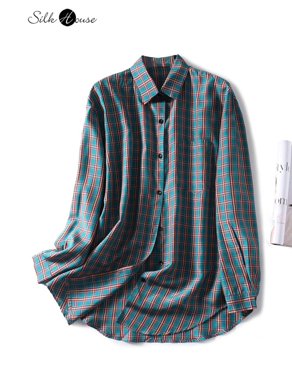 

Vintage Plaid Lapel Mulberry Silk Casual Style Versatile Large Silk Shirt Thin 2021 Fashion Women's Clothing Shirt