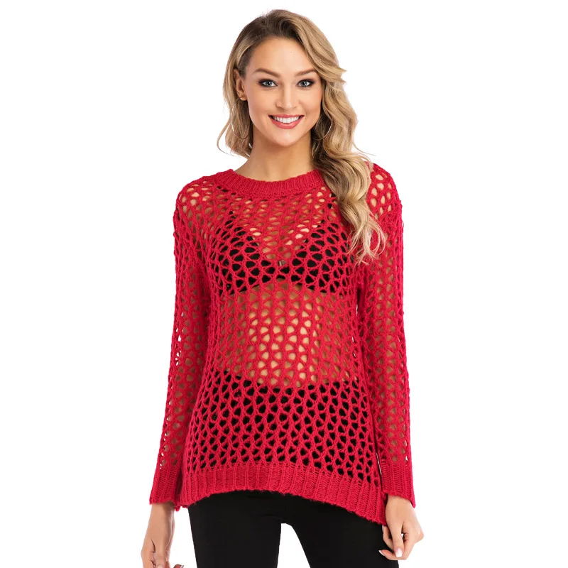 Женский прозрачный свитер сетчатые топы вязаные пуловеры с вырезами свитеры