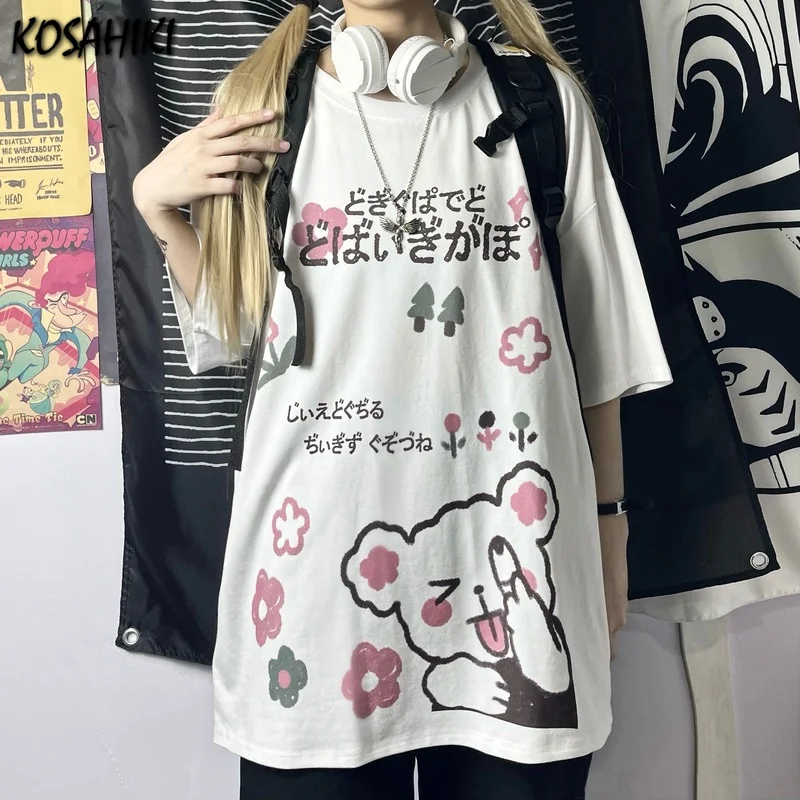 

KOSAHIKI Cartoon Print T-shirt Women Tshirt 2021 New Korean Loose Tops Kawaii Graphic Tees Summer Shirt Sleeve Harajuku Shirts